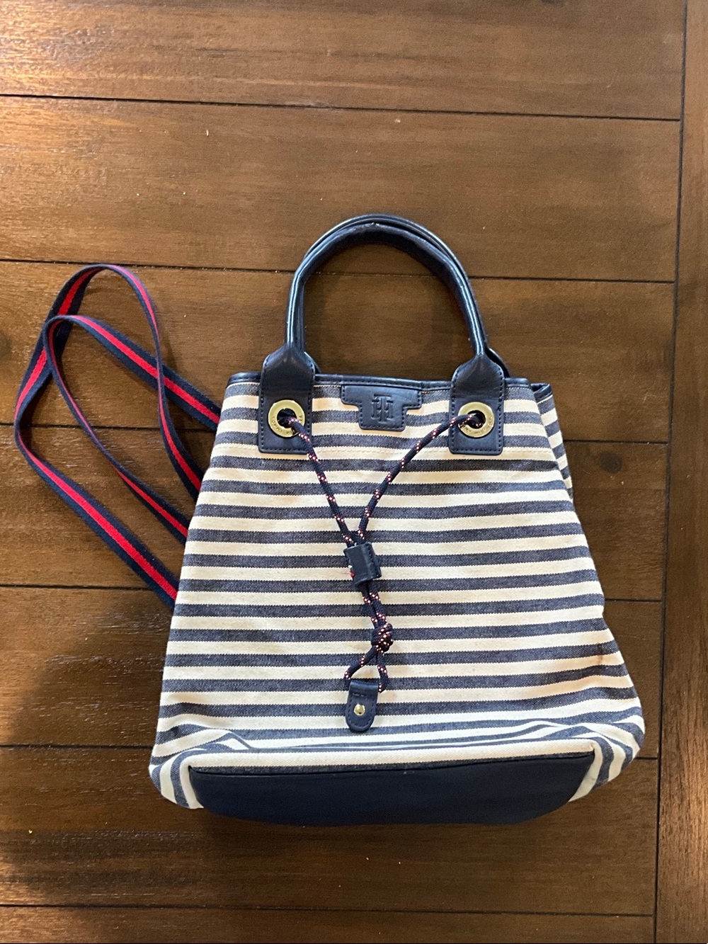 Striped Navy and White Canvas Tote with Navy Trim and Contrast Strap